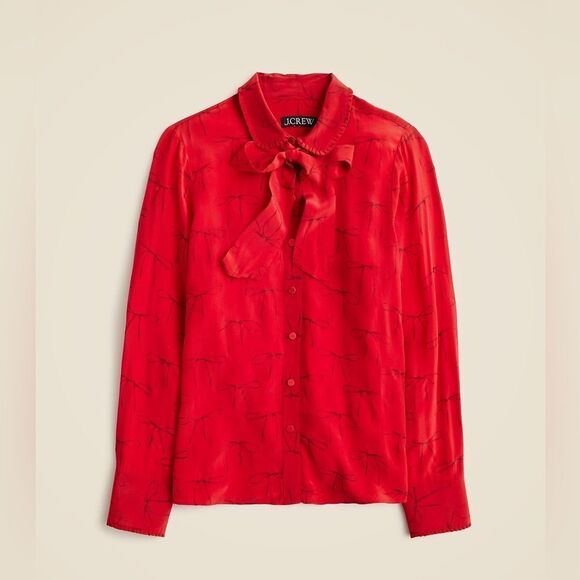 NWT J CREW Removable tie-neck button-up shirt in bow-print crepe de chine in red - Picture 2 of 5